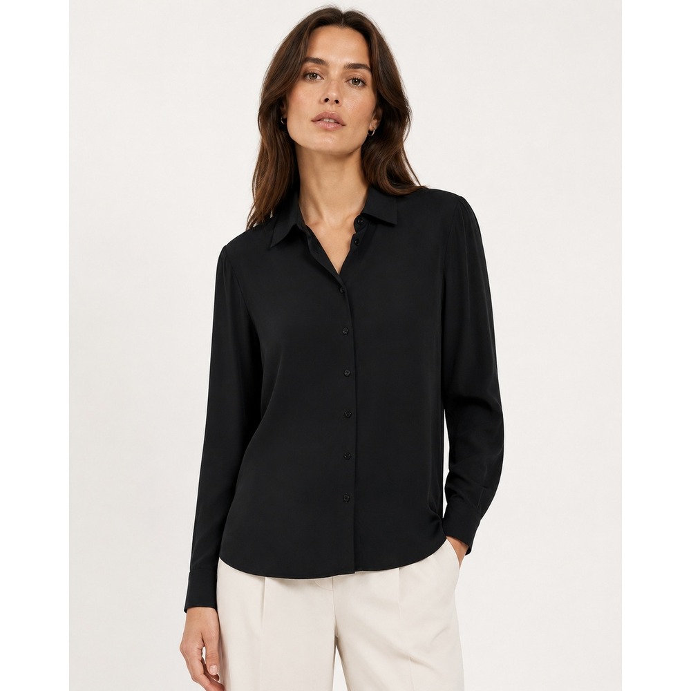 L'ecole des Femmes Black 100% Silk Long Sleeve Button Down Blouse Size M